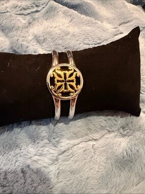 Rustic Cuff Two-Tone Cross Medallion Cuff Bracelet - Gold & Silver